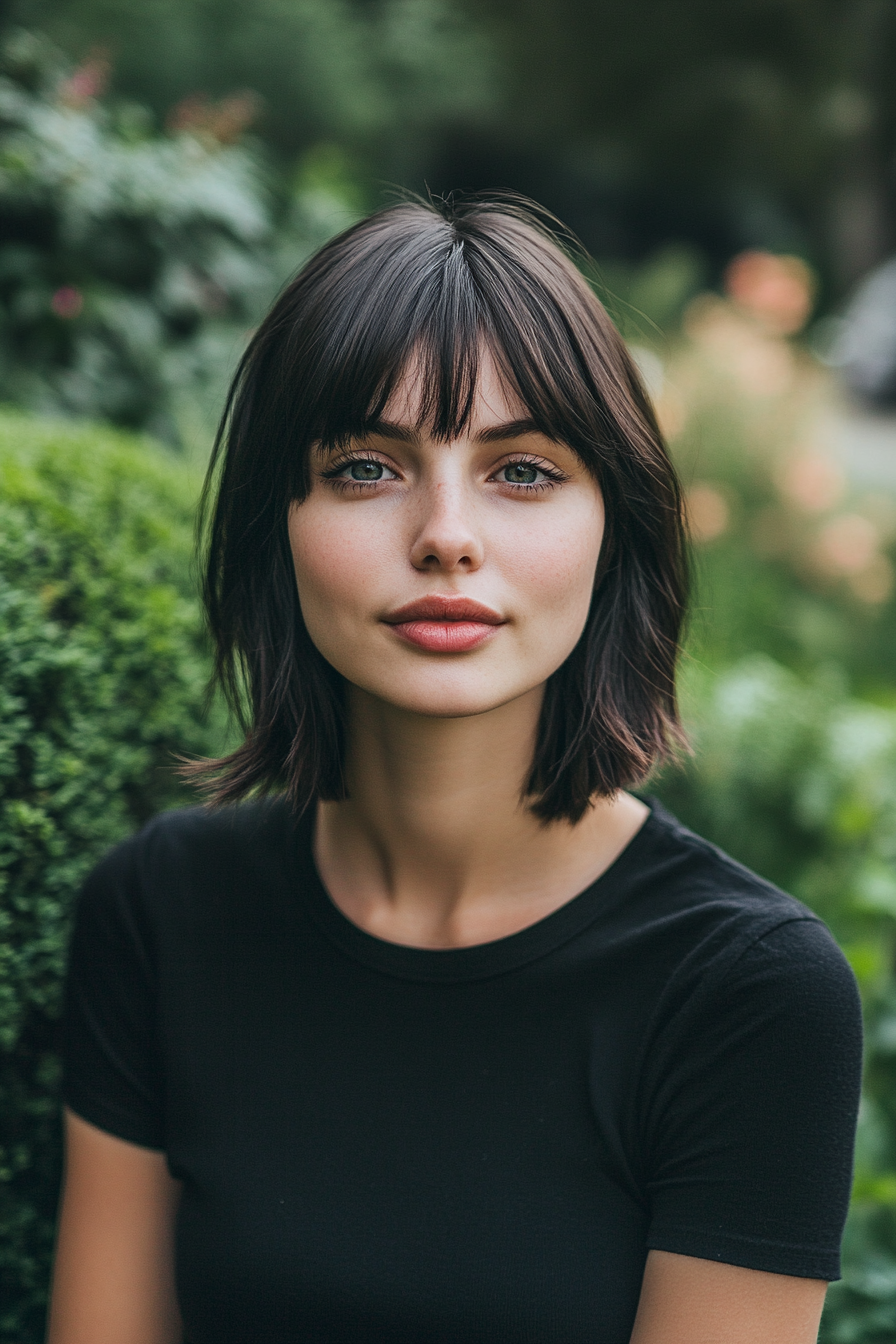 28 years old woman with a Short Bob and Bangs, make a photosession in a quiet garden with neatly trimmed bushes and colorful flowers.