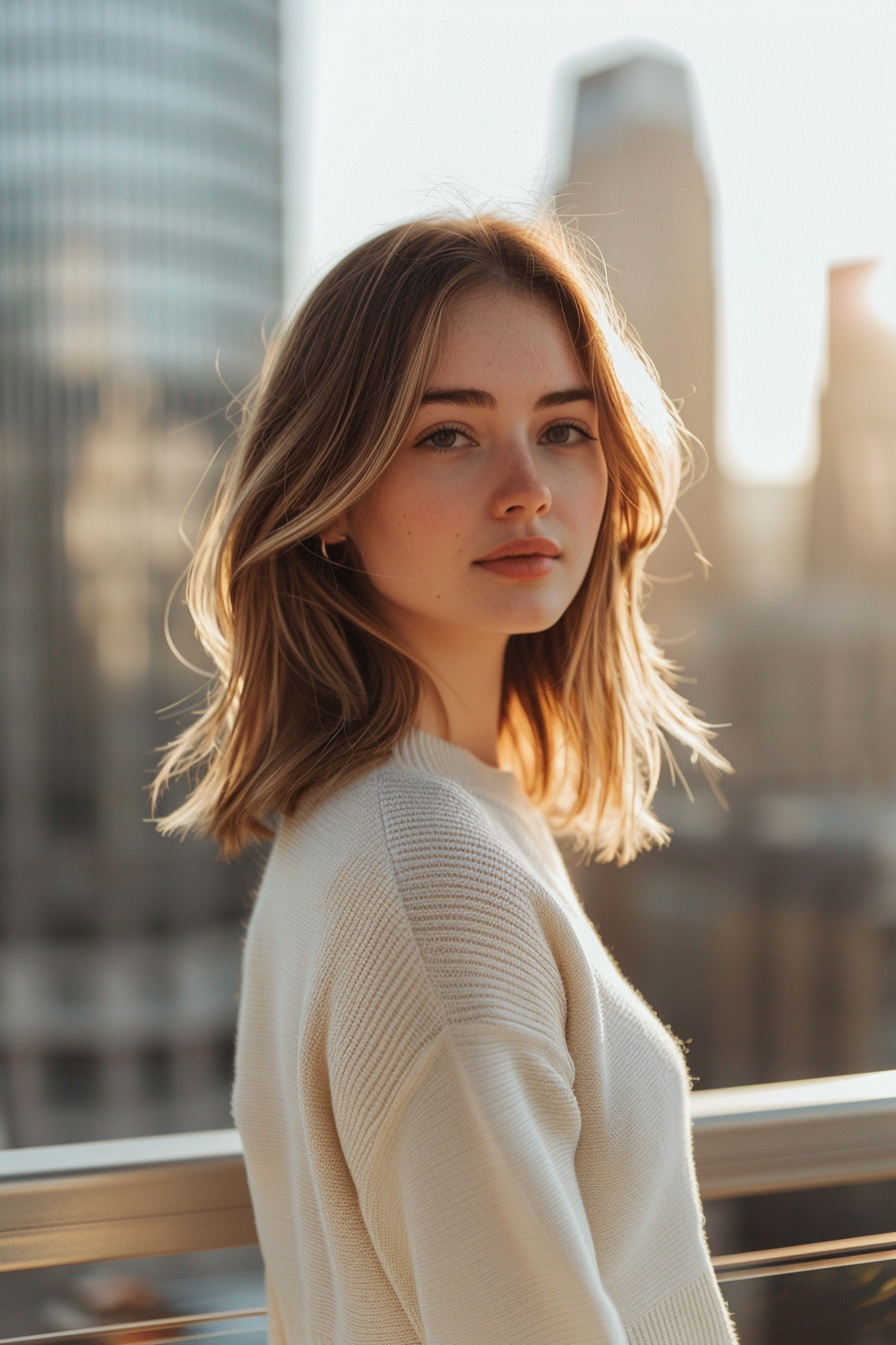 26 years old woman with a Shoulder-Length Cut with Ombre, make a photosession in a roof.