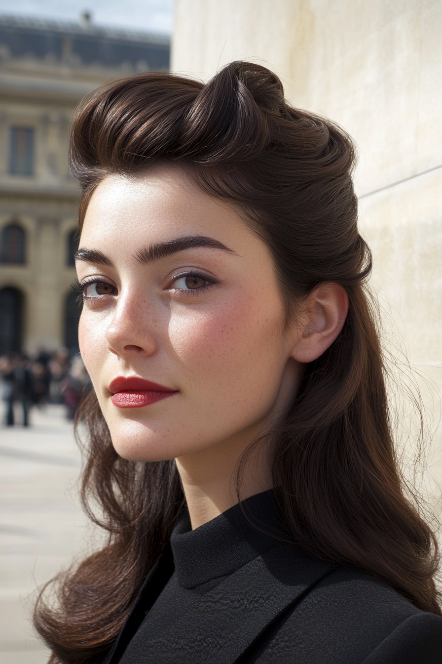 29 years old woman with a Half-Up Hairstyle, make a photosession in a street.