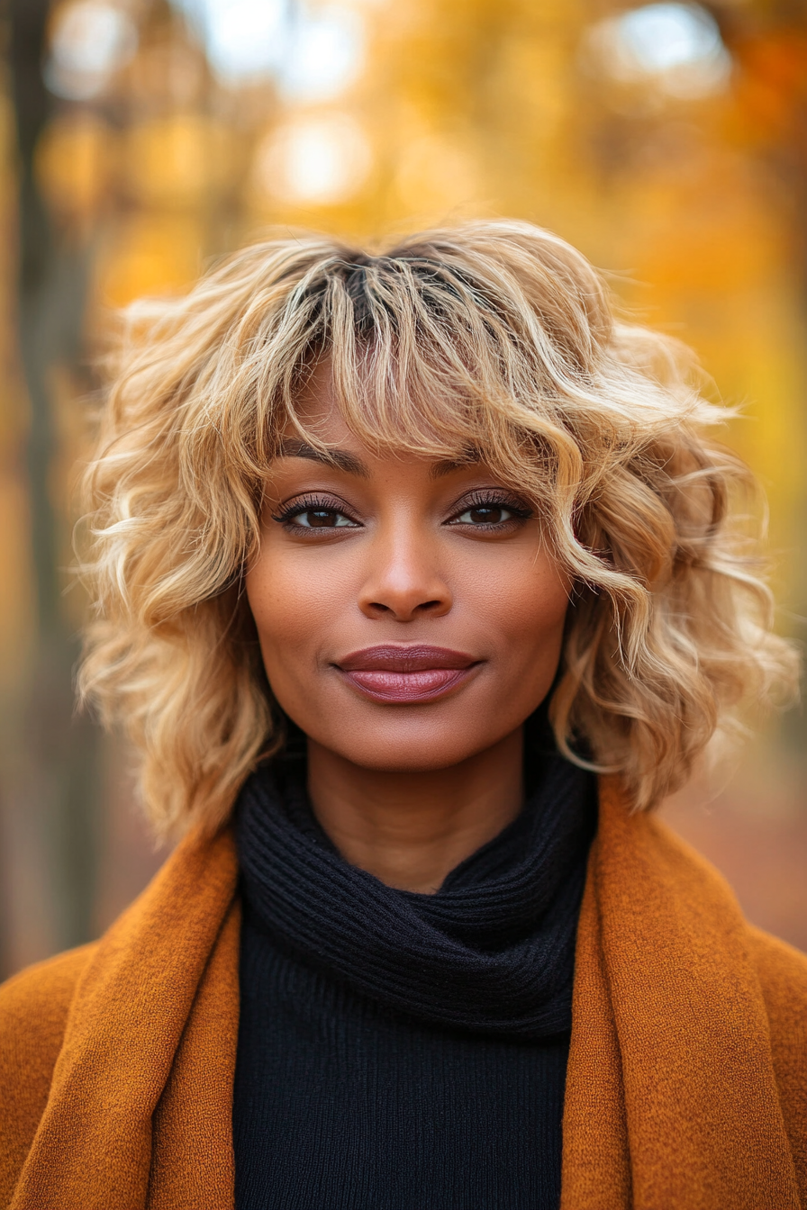 38 years old black woman, with Shaggy with Bangs, make a photosession in a fall park.