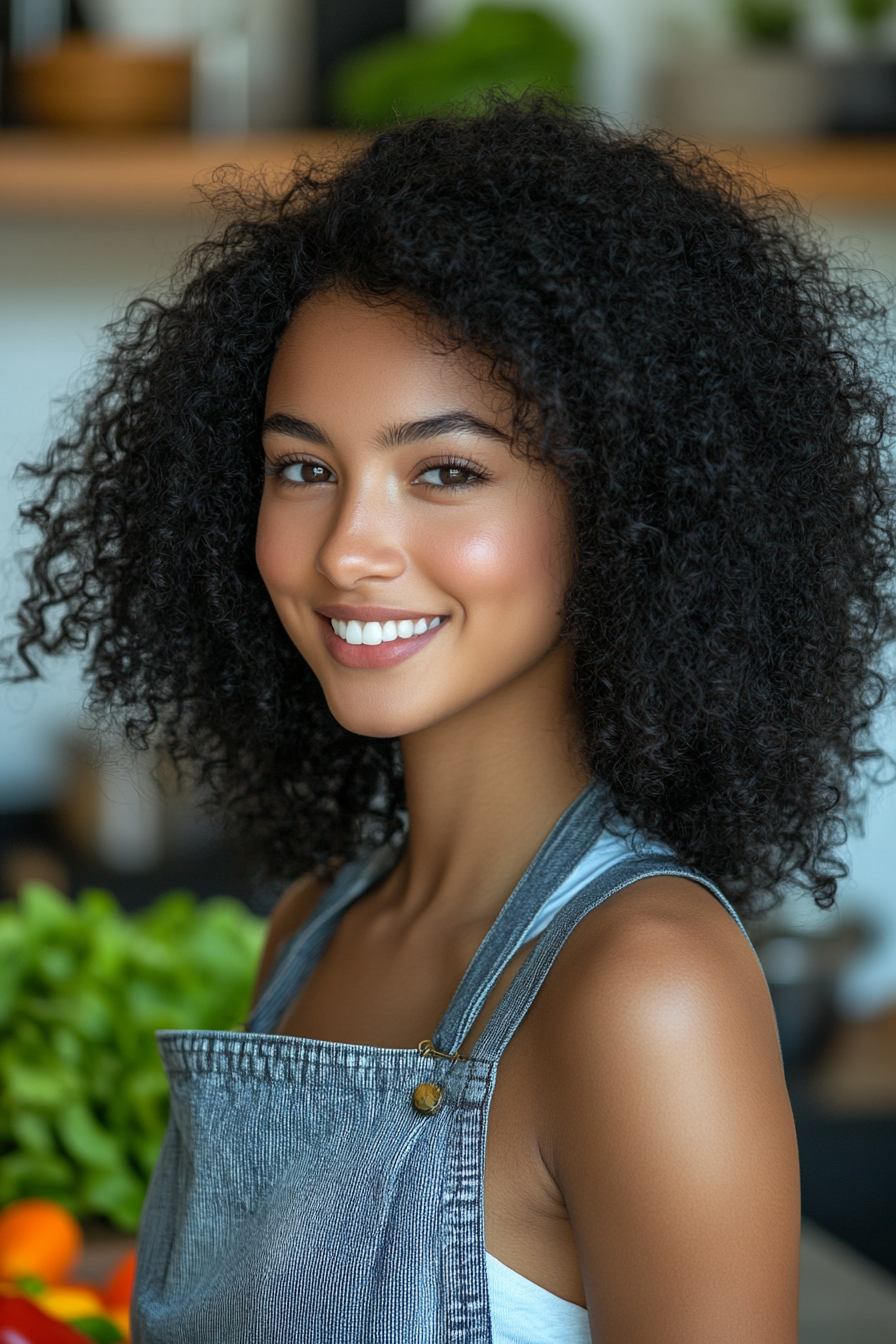 28 years old woman with a Voluminous Curls, make a photosession at the kitchen.