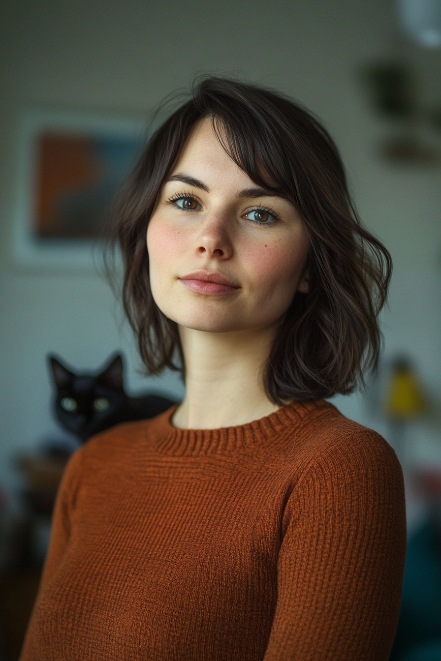 33 years old woman with Curtain Bangs, make a photosession in a casual room.