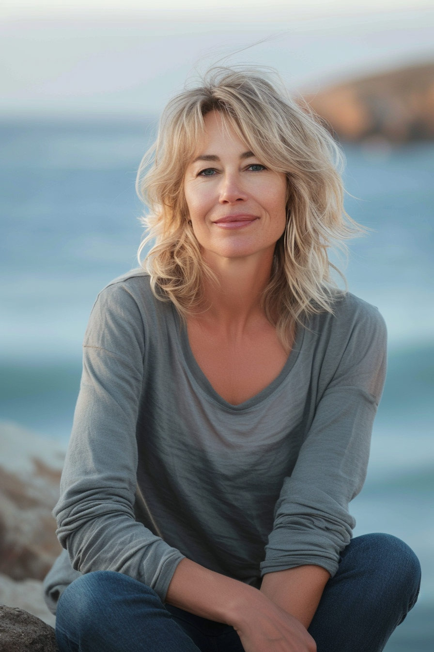 42 years old woman with a Medium Shag with Side-Swept Bangs, make a photosession near the sea.