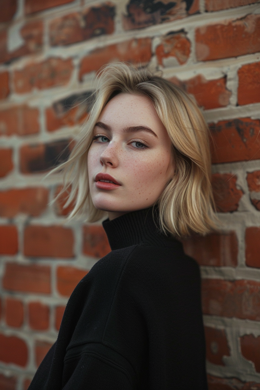 27 years old woman with a Classic Bob, make a photosession in a studio.