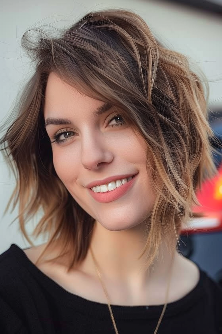 27 years old woman with a Asymmetrical Shoulder-Length Cut , make a photosession in a street