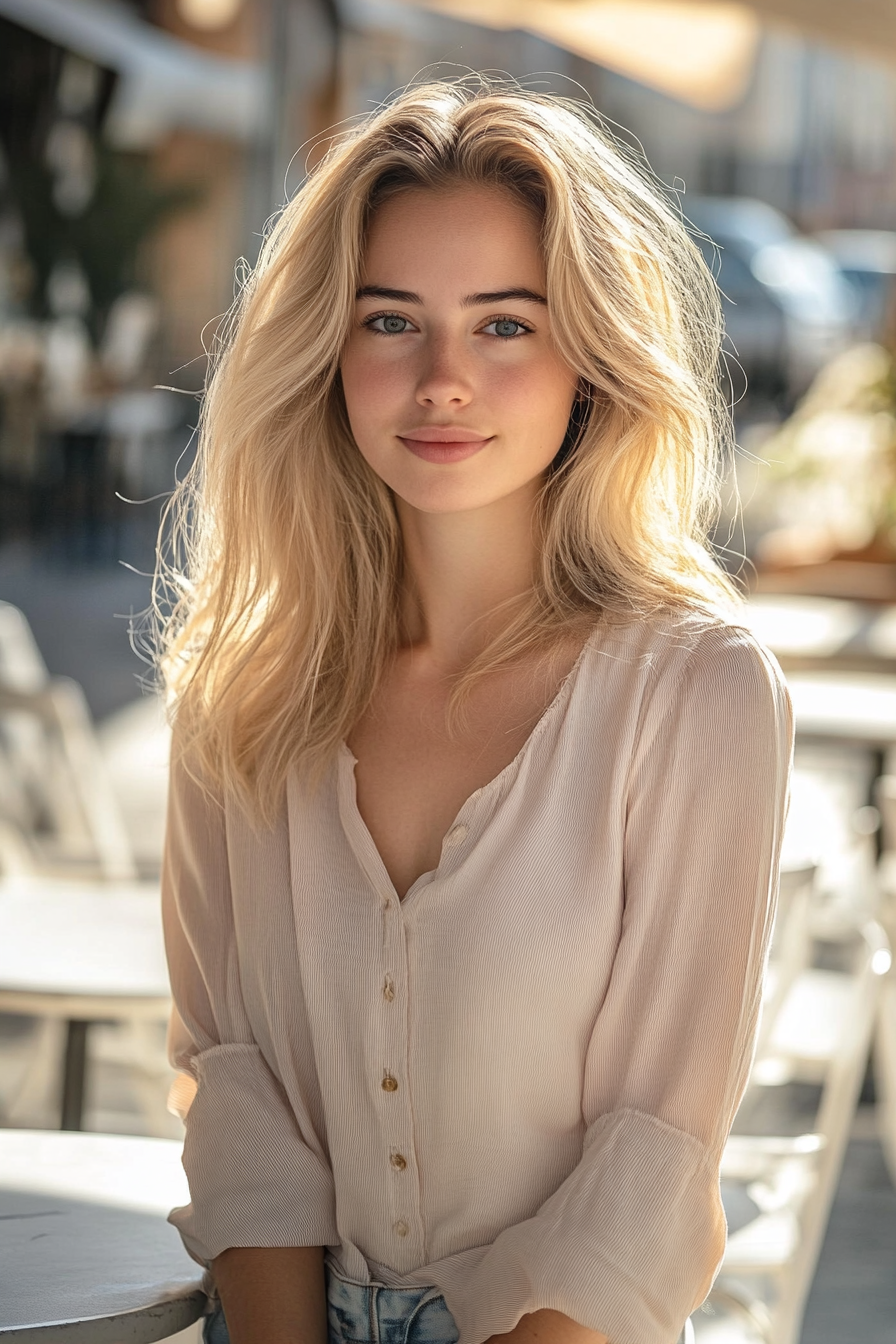 27 years old woman with Soft Blonde Layers for a Fresh Look, make a photosession in a sunfull cafe.