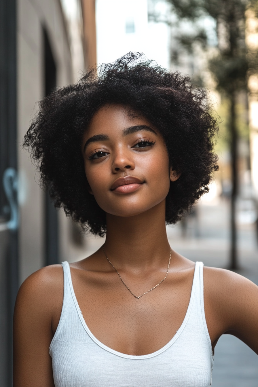 27 years old woman with a Classic Curly Bob for Black Women, make a photosession in a street.