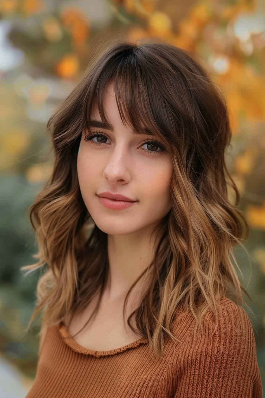 28 years old woman with a  Long Waves with Side Bangs, make a photosession in a park