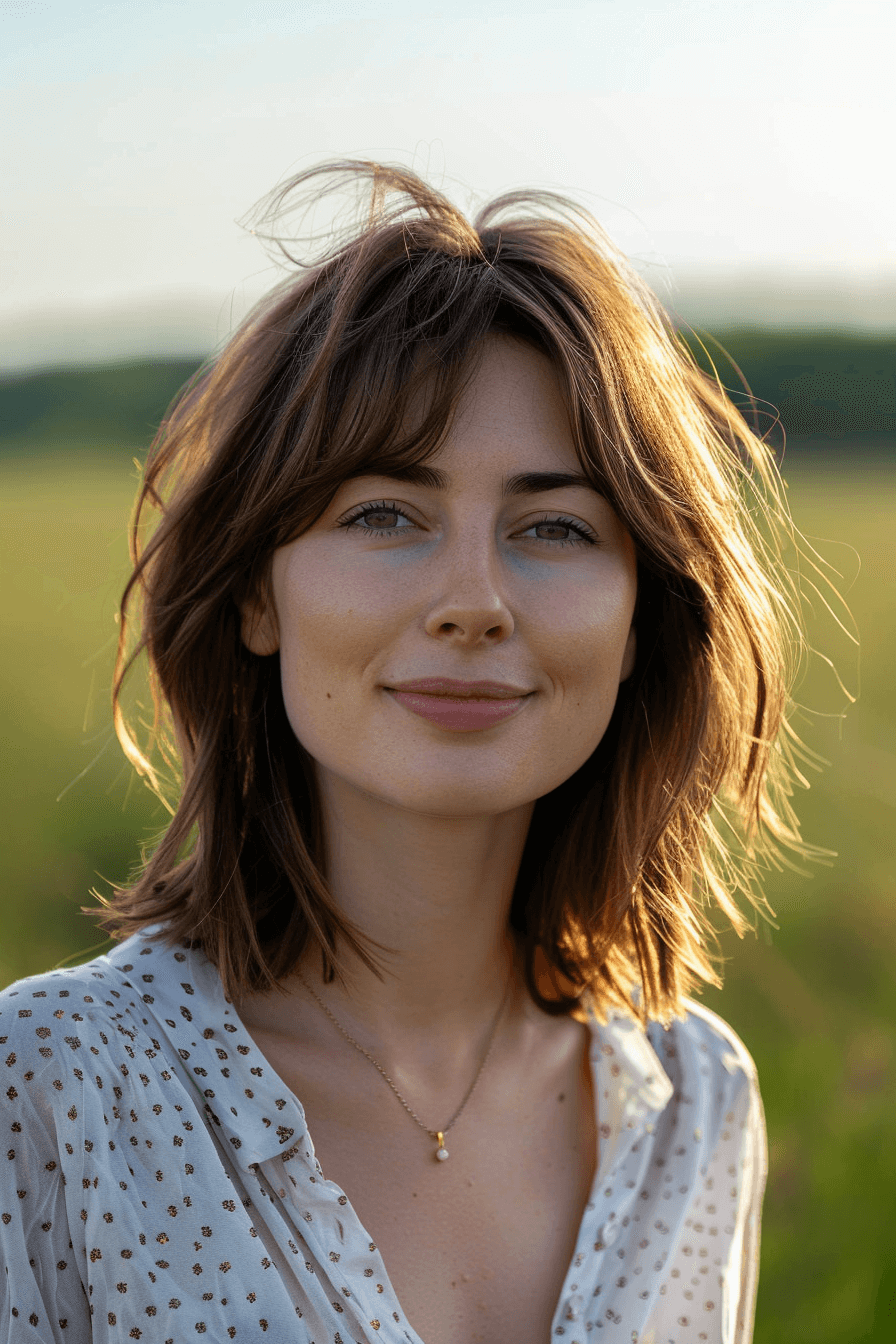 30 years old woman with a Classic Layered Look, make a photosession in a field.