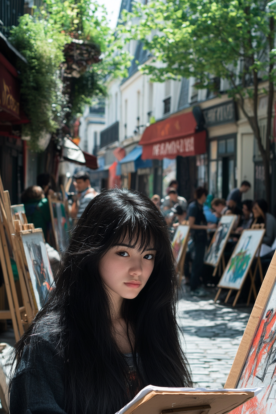 22 years old woman with a Long Layers, make a photosession at the exhibition of paintings.