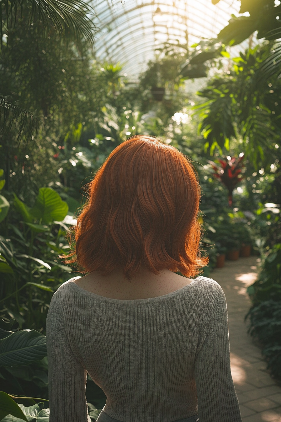 27 years old woman with a Textured Lob, make a photosession in a garden.