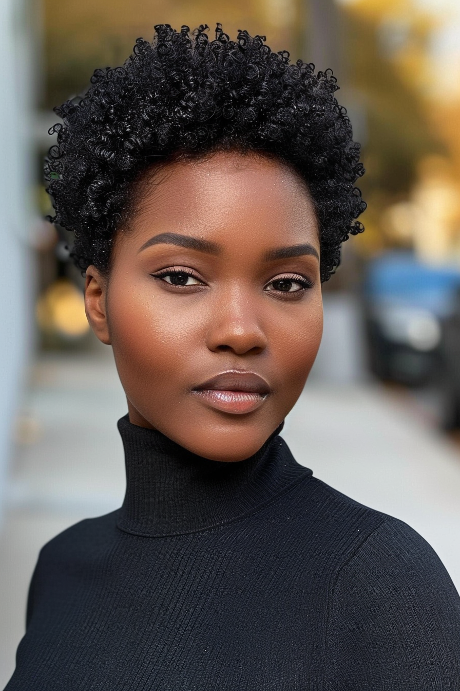 35 years old black woman, with All Around Sponge Cut short, make a photosession in a street.