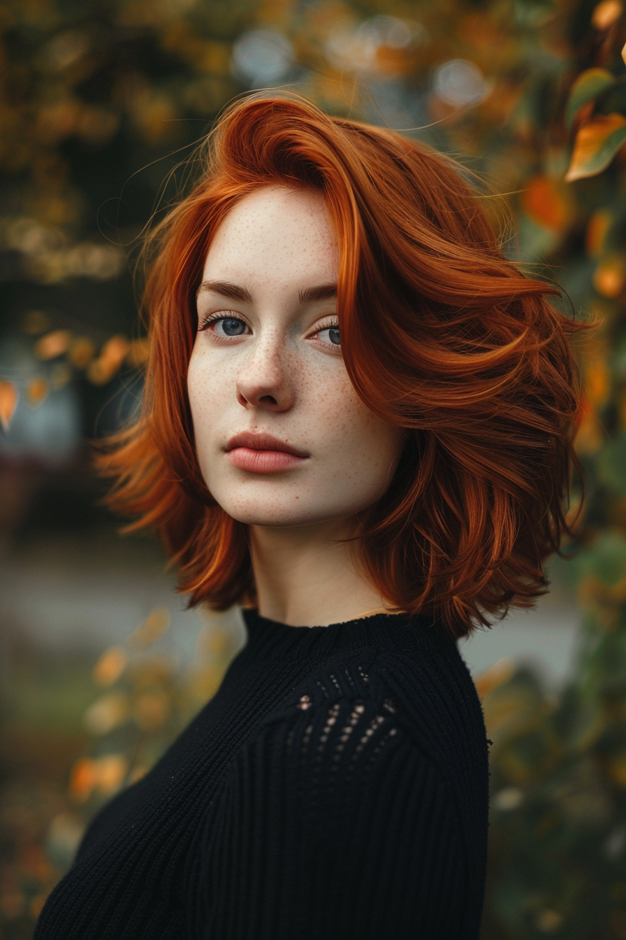 31 years old woman with a Vibrant Red Waves, make a photosession in a park