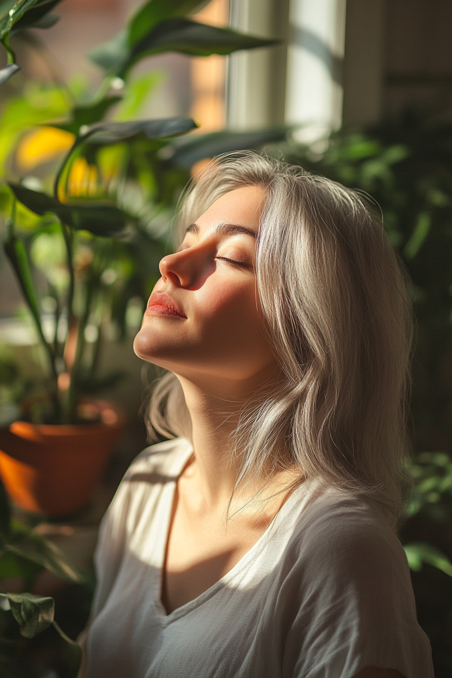 32 years old woman with a Coconut White, make a photosession in a minimalist indoor space.