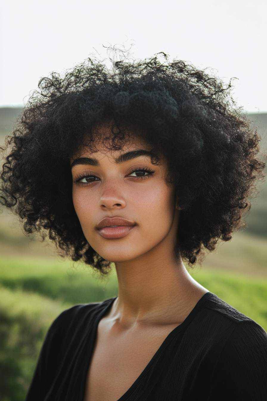 29 years old woman with a Bob and Voluminous Curls, make a photosession on a hillside with green grass and a gentle breeze blowing.