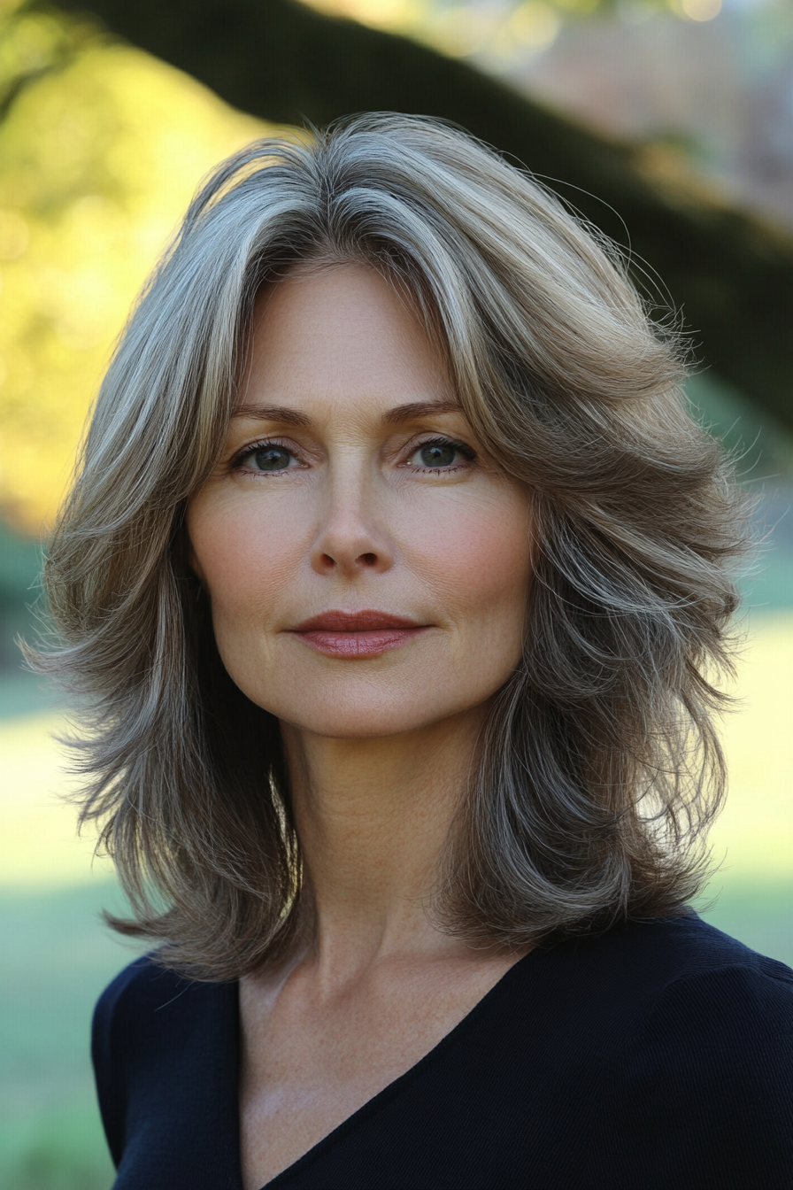 46 year old woman with Beautiful Layered Shag, make a photosession in a park.