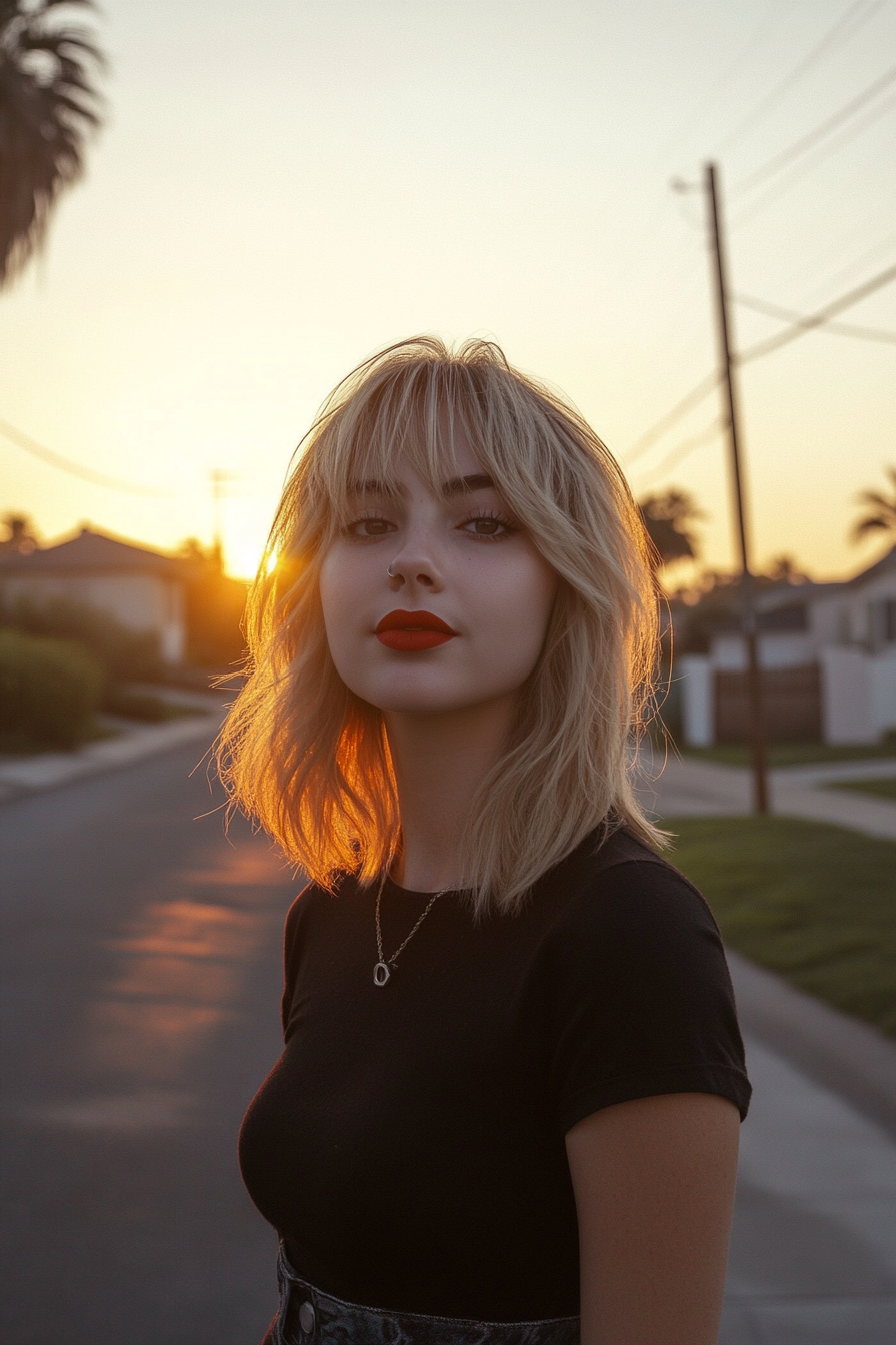 28 years old woman with a Shag with Blunt Bangs, make a photosession in a street.