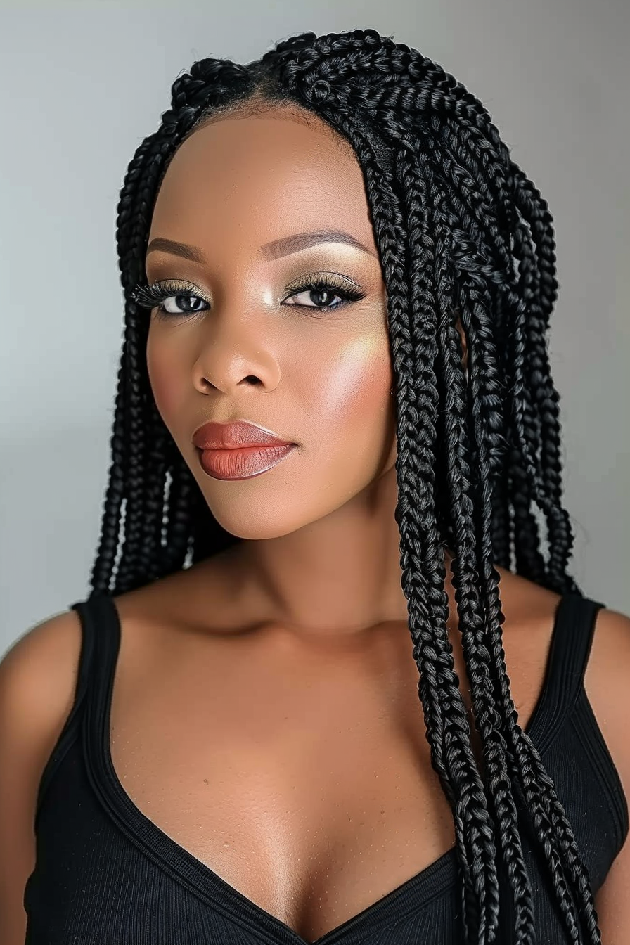 35 years old black woman, Crochet Braids African Braiding Hairstyle, make a photosession in a studio.