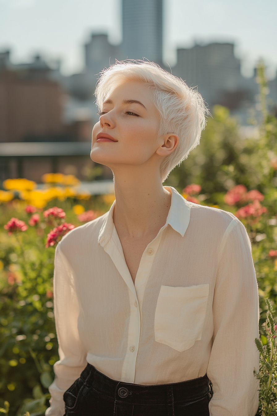 32 years old woman with a Pixie Cut in Platinum Blonde, make a photosession in a sunlit rooftop garden with colorful flowers and greenery overlooking the city.