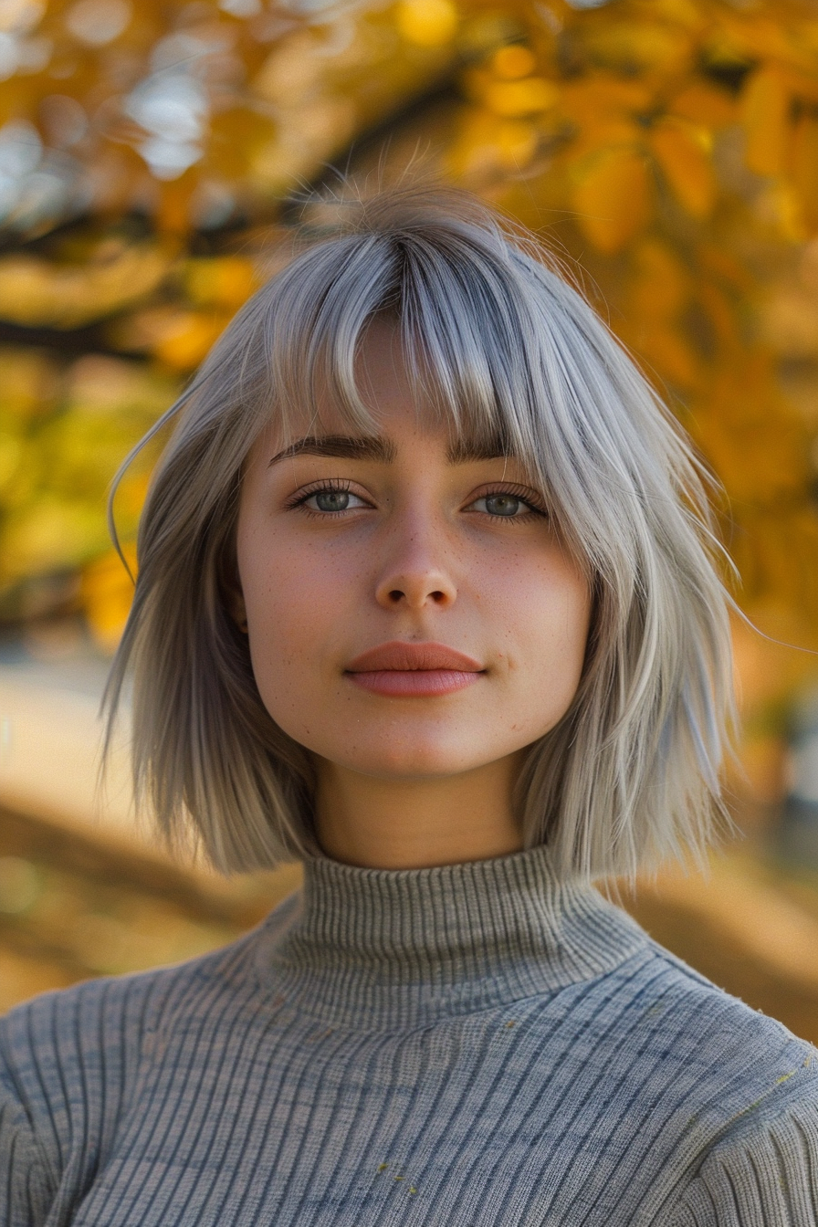 24 years old woman with a Salt and Pepper Bob with Bangs, make a photosession in a fall park.