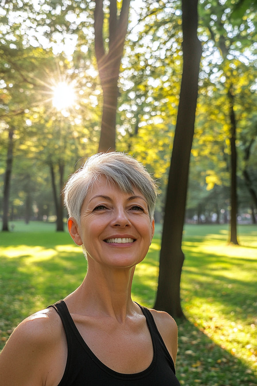 63 years old woman with a Modern Pixie Haircut for Older Women, make a photosession in a park.