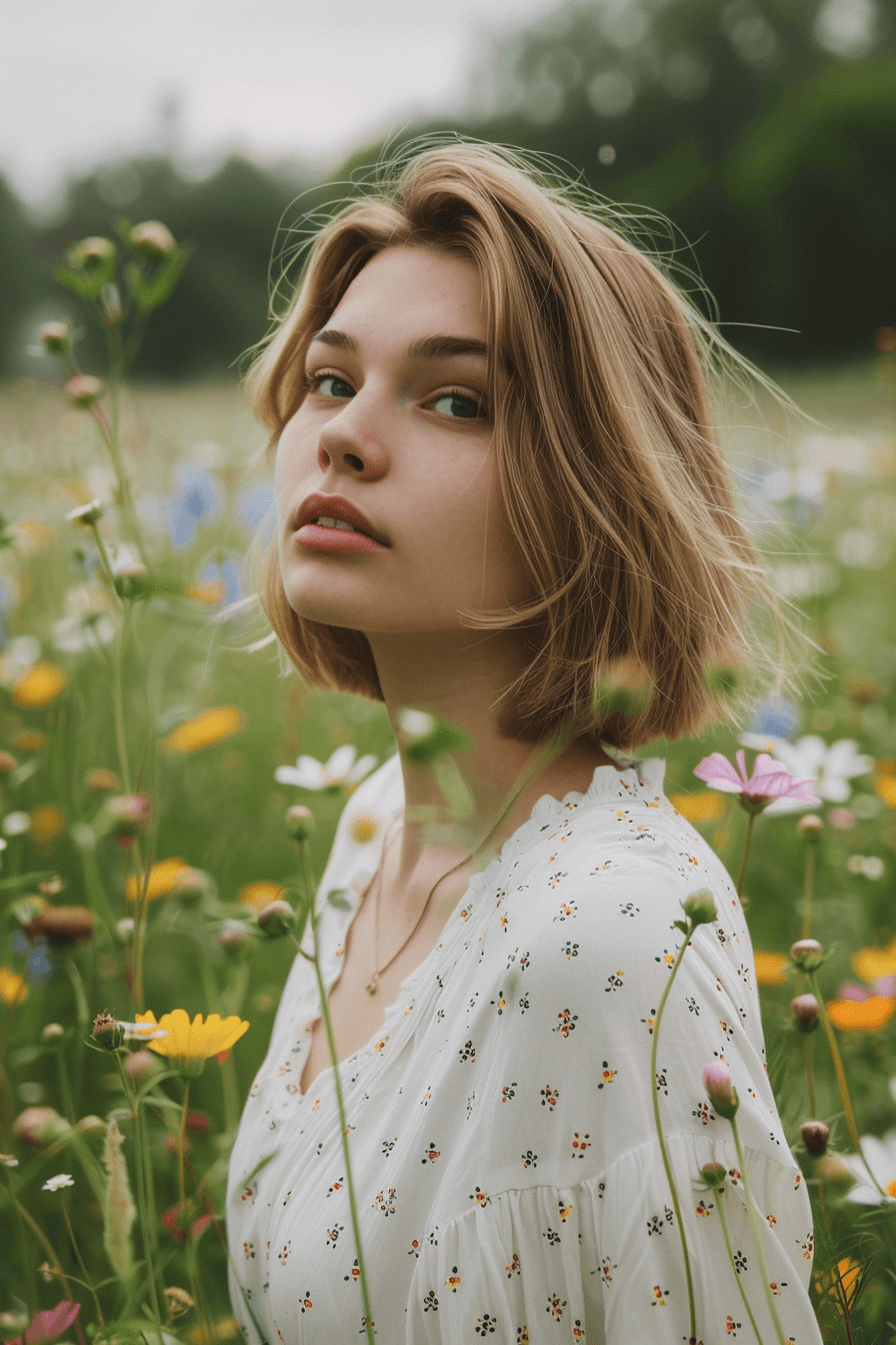 28 years old woman with a Side-Swept Bob, make a photosession in a flower meadow.