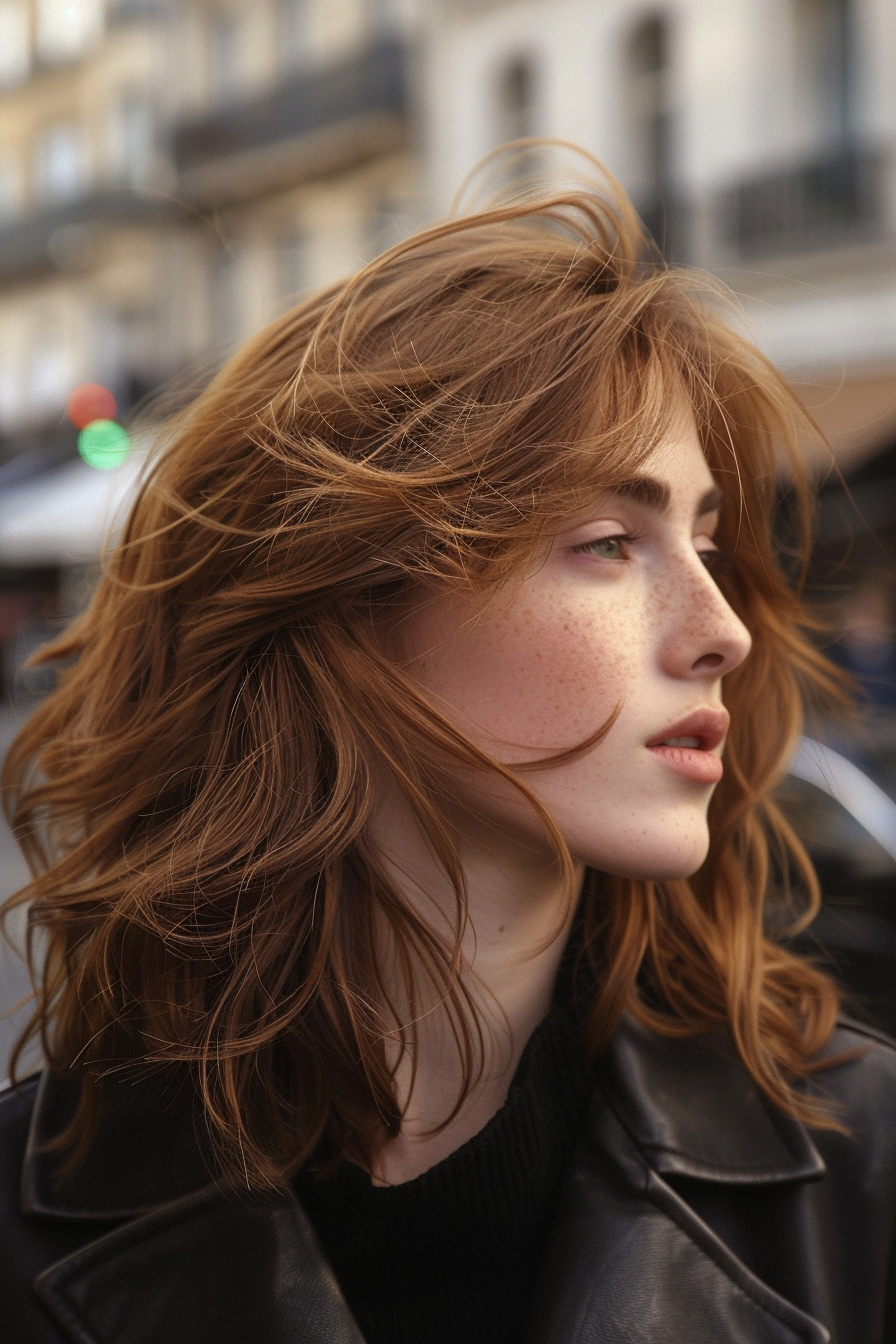 28 years old woman with a Caramel Balayage Butterfly Layers, make a photosession in a street.