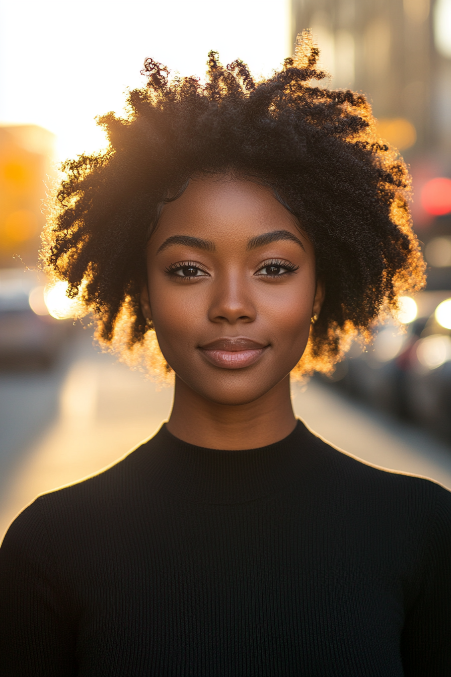 26 years old black woman, with Finger Twists, make a photosession in a street.