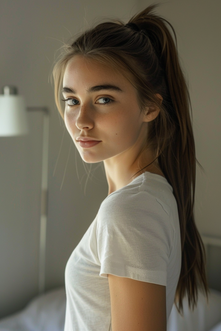 24 years old woman with a High Ponytail, make a photosession in a room.