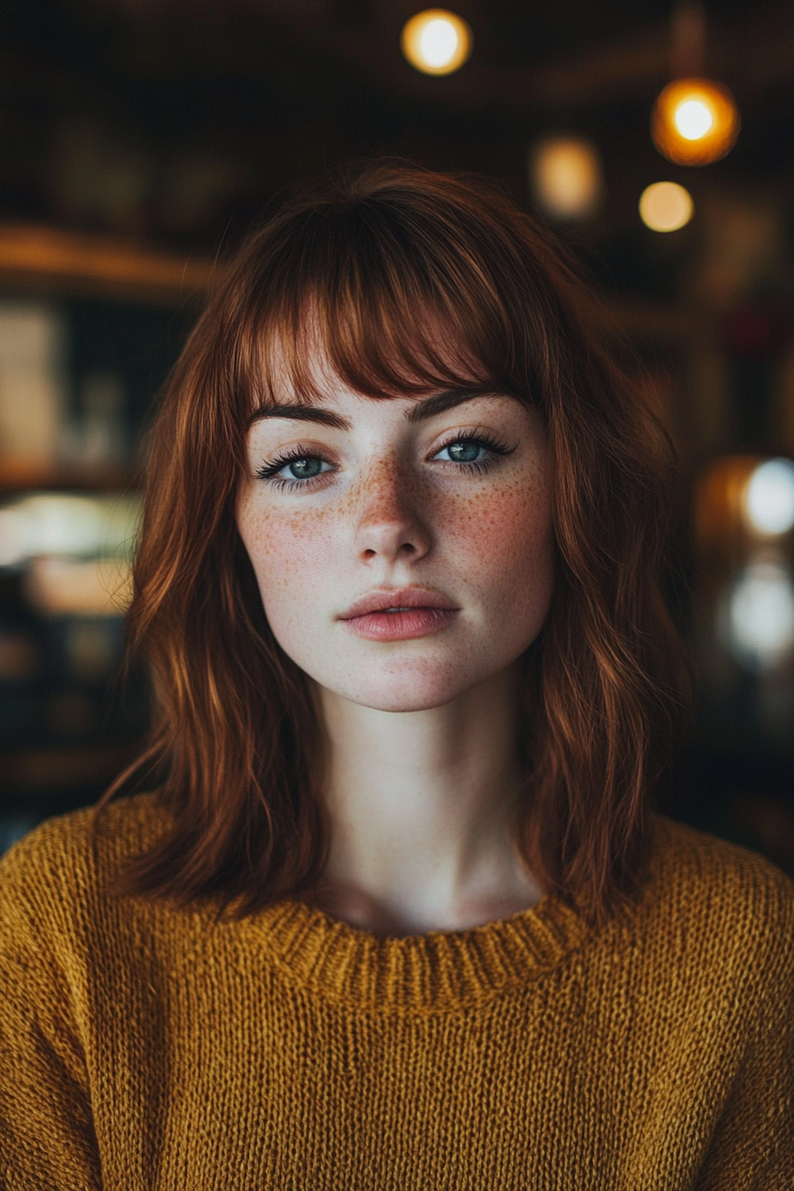 30 year old woman with Full Bangs and A-Line Cut, make a photosession in a cafe.