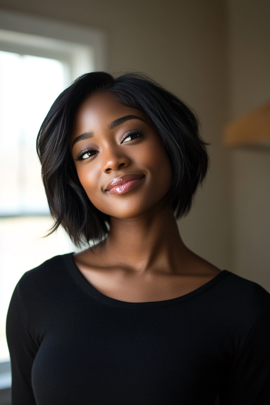 28 years old black woman with a Short Choppy Layers, make a photosession in a room.