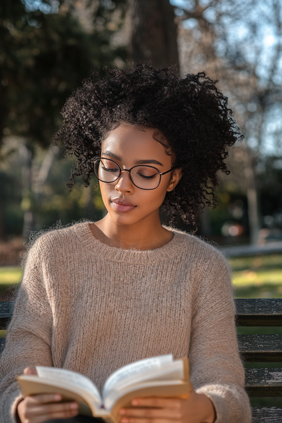 28 years old black woman, with Kinky Twists make a photosession in a park with book.