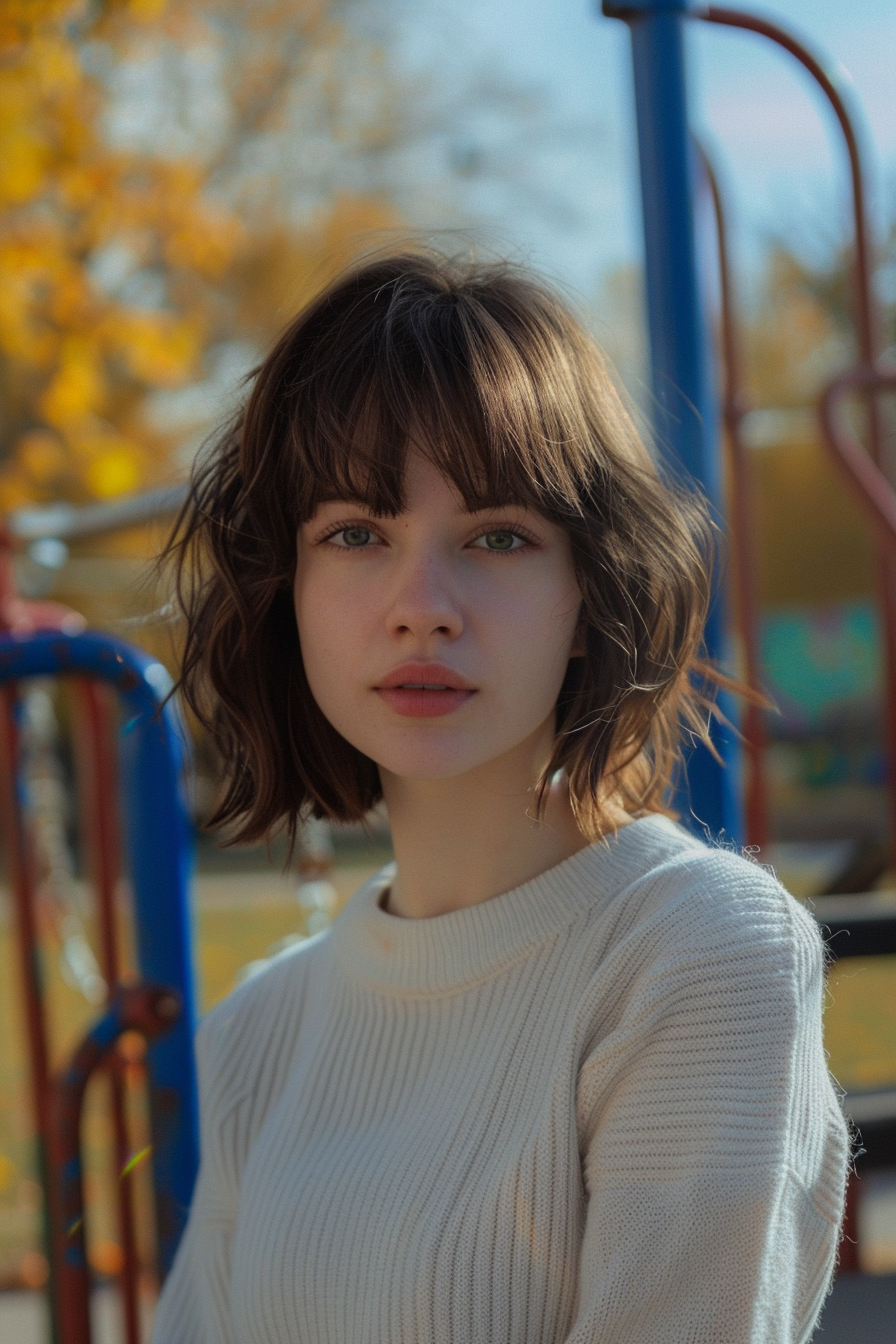 26 years old woman with a Shoulder Length With Bangs , make a photosession in a park