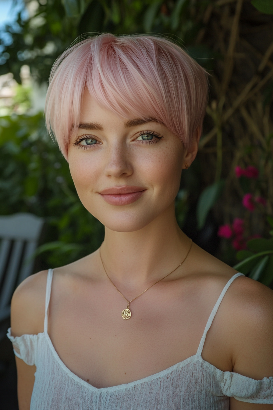 27 years old woman with a Pastel Pink Asymmetrical Pixie, make a photosession on a colorful street market with vibrant stalls and festive decorations.