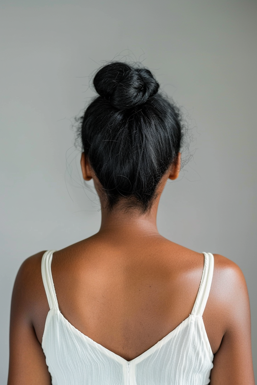 35 years old black woman, with Bun for Straight Hair hairstyle, make a photosession in a cafe.