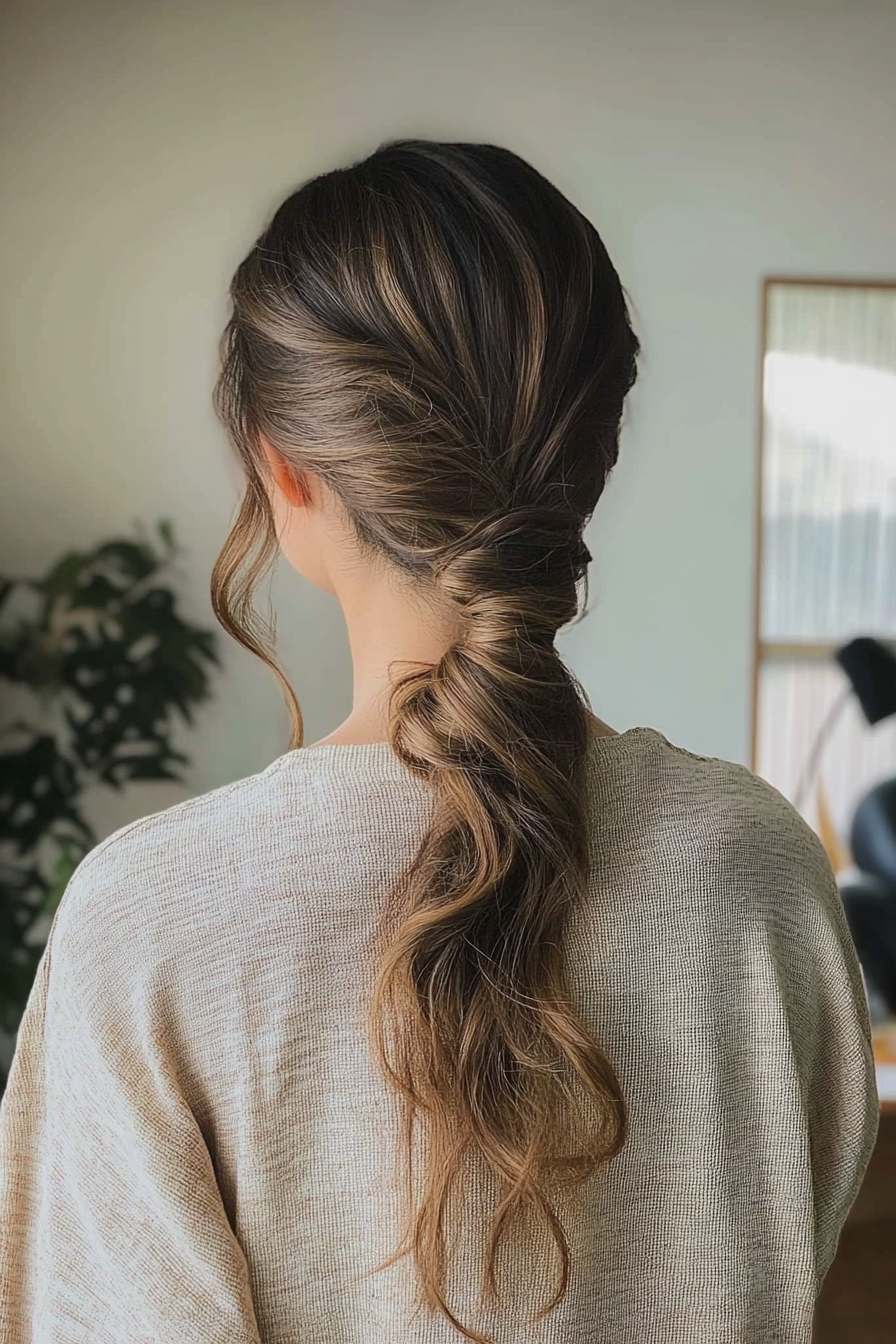 29 years old woman with a Wrapped Low Ponytail, make a photosession in a room.