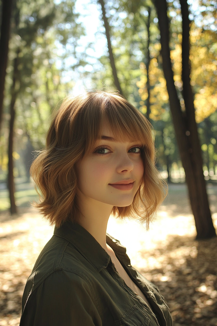 25 years old woman with a Chin Length Bob with Bangs, make a photosession in a park.