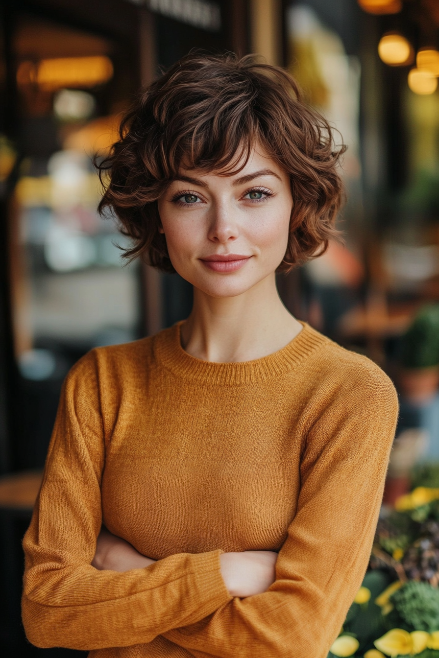 34 years old woman with a Textured Pixie for Thick Hair, make a photosession at a cozy café with outdoor seating and potted plants.