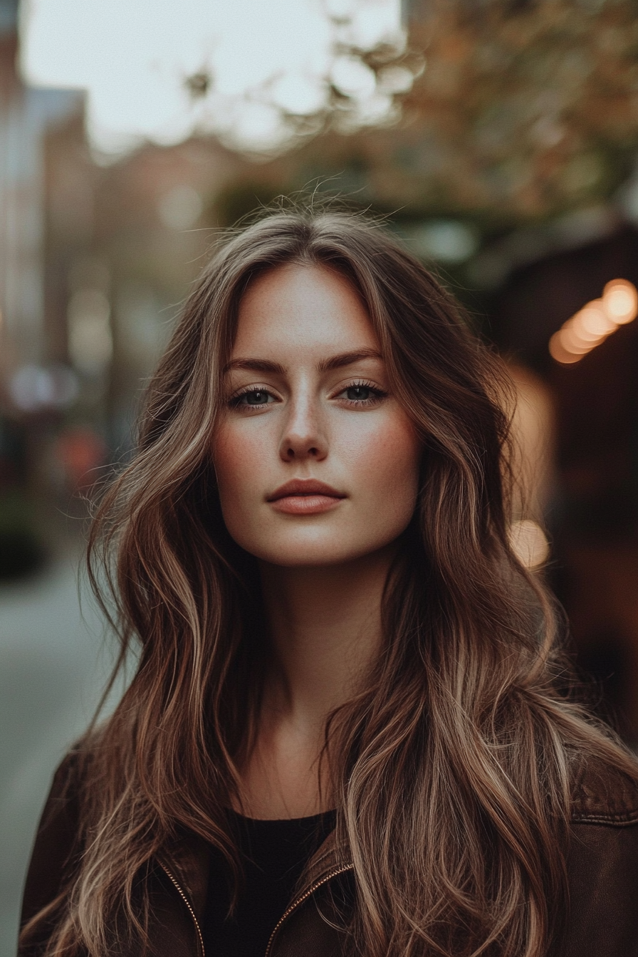 29 years old woman with Bold and Beautiful Brunette Layers, make a photosession in a street.