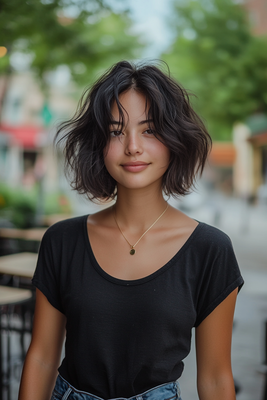 28 years old woman with a Chin Length Shag Haircut, make a photosession in the cafe.