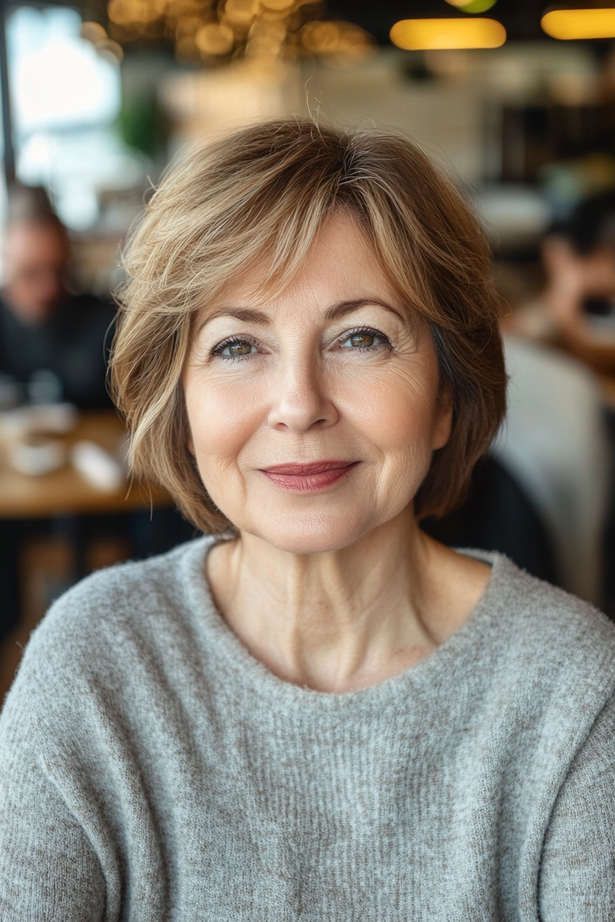 53 years old woman with a  Shaggy Lob, make a photosession in a cafe.