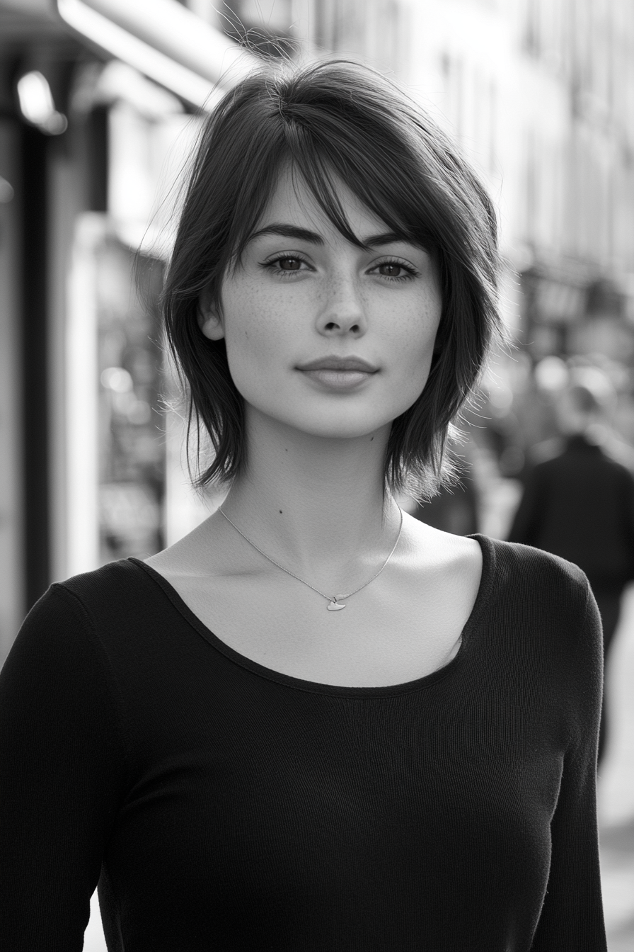 29 years old woman with a Asymmetrical Chin Length Haircut, make a photosession in a street.