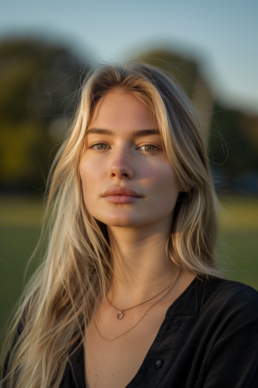 30 years old woman with a Middle Part For Straight Hair, make a photosession in a field at sunset.