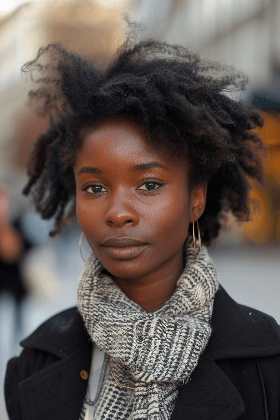 35 years old black woman, with Shag, make a photosession in a street.