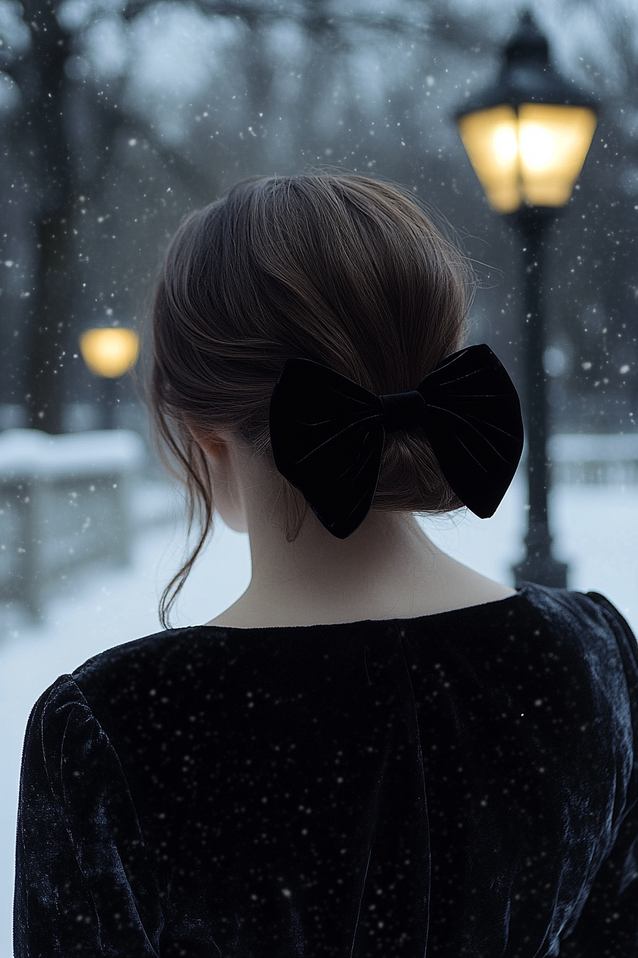 27 years old woman with a Low Chignon with a Velvet Bow, make a photosession in a park.