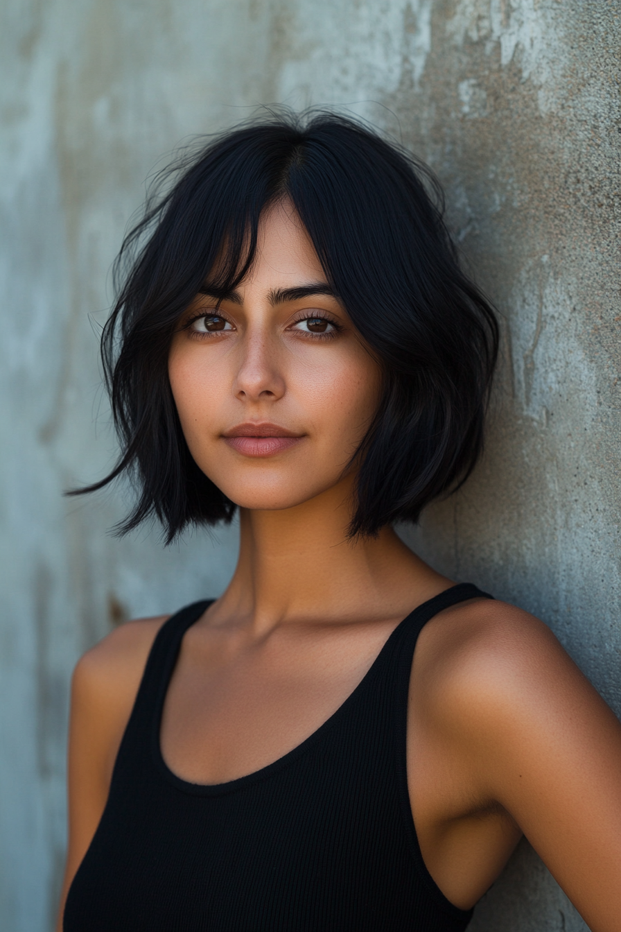 36 years old woman with a Textured Shaggy Bob with Layers, make a photosession in a studio.