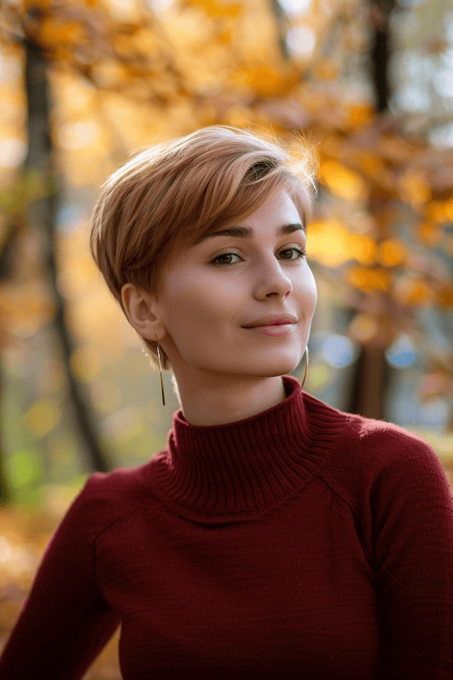 25 years old woman with a Playful Pixie, make a photosession in a fall park.