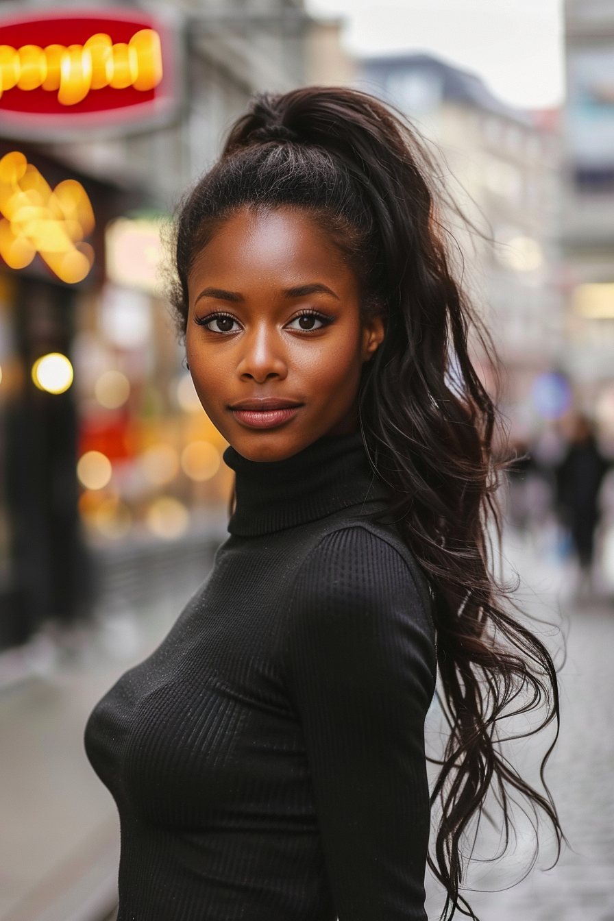 35 years old black woman, with long wavy hairstyles "ponytail", make a photosession in a street.