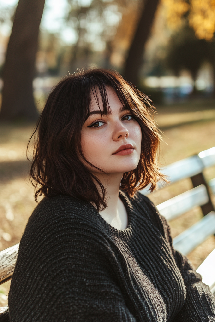 27 years old woman with a Bob with Bangs, make a photosession in a fall park.