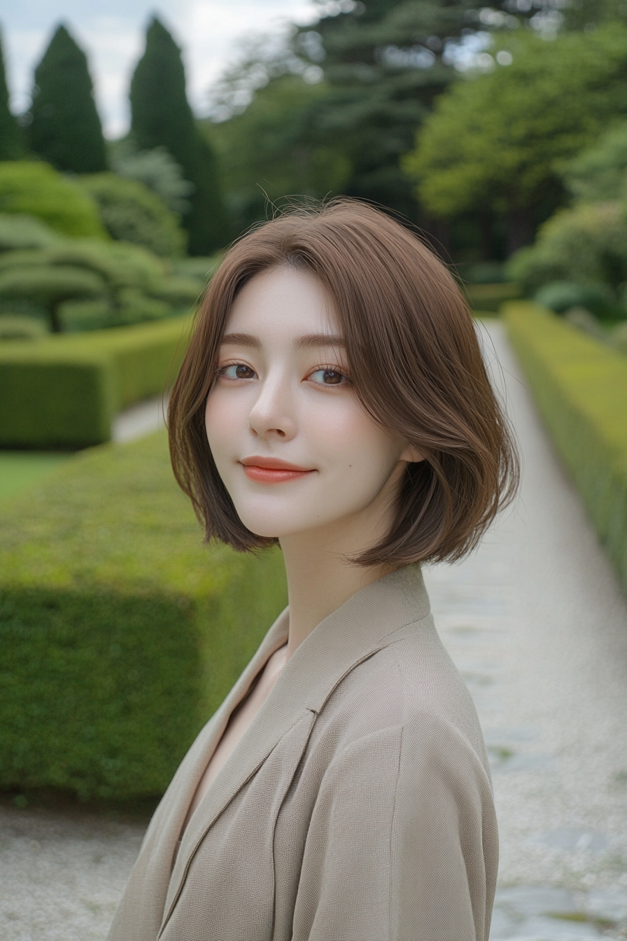 26 years old woman with a Classic Chin Length Bob, make a photosession in a backyard.